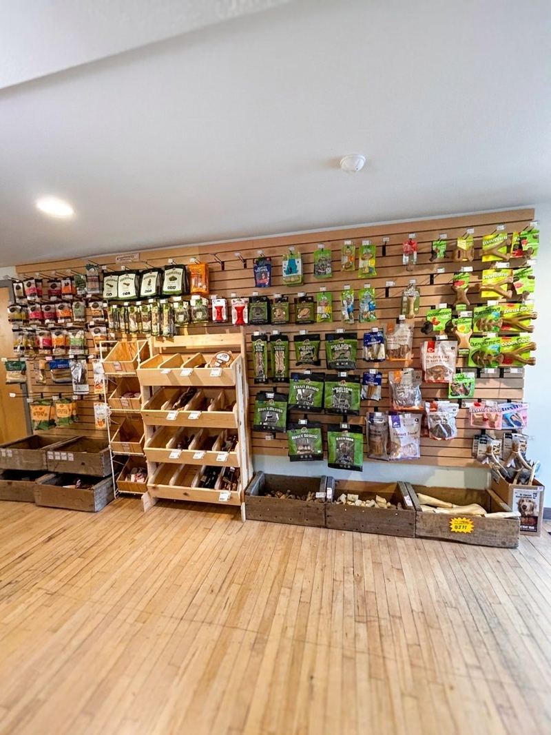 A wall of bagged treats and chews over wooden bins of bulk chews