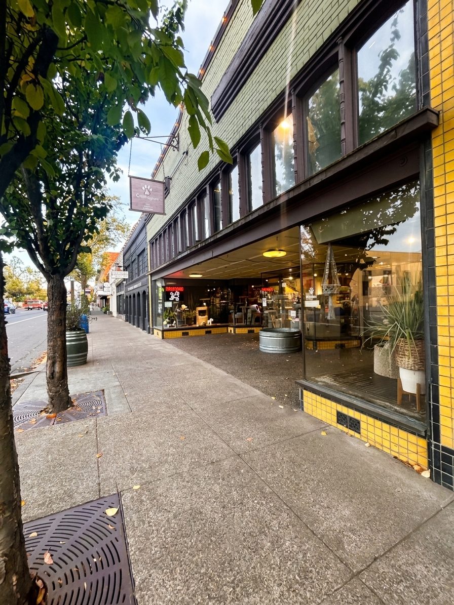 The Critter Cabana storefront on First Street: big windows over yellow tile, under a street tree